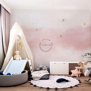 Customized self-adhesive wallpaper for pink cloud and star girl bedroom