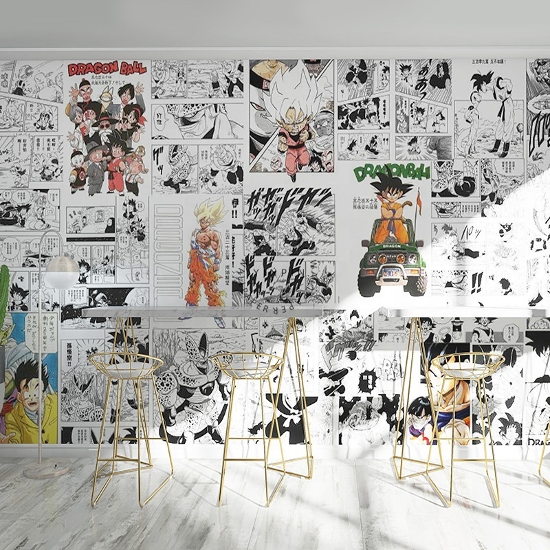 Handdrawn black and white Japanese anime poster Japanese cuisine internet cafe KTV Dragon Ball Pirate King manga wallpaper