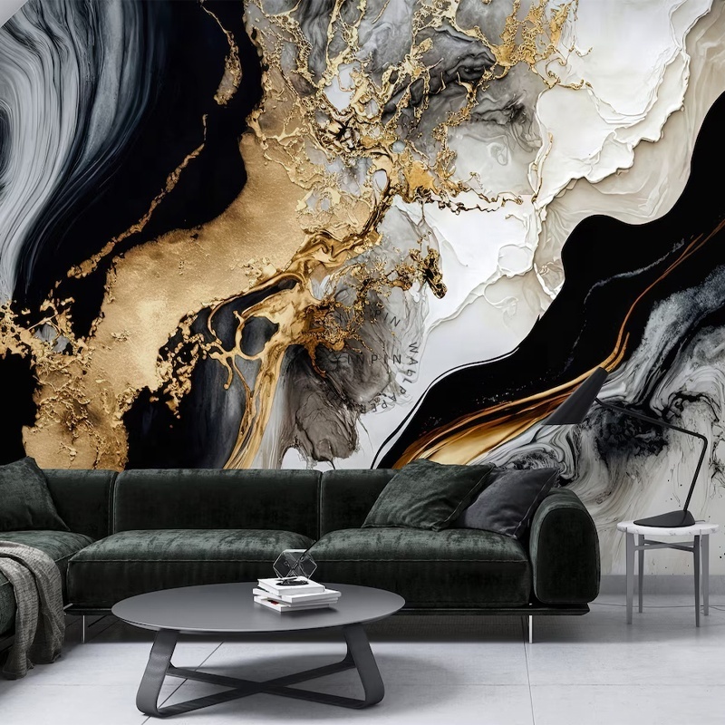 Black gold marble textured ceramic mural peel and stick wallpaper