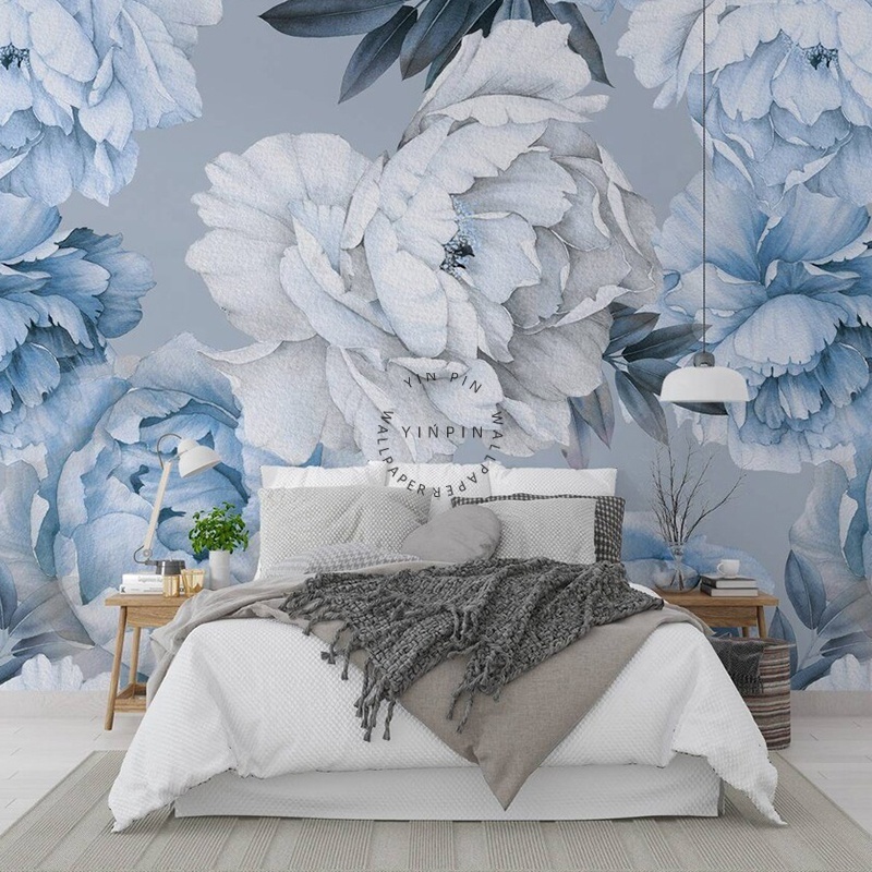 Blue and White Peony Flowers Peony Flower Murals Modern Background Wallpaper for Sofa bedroom decor