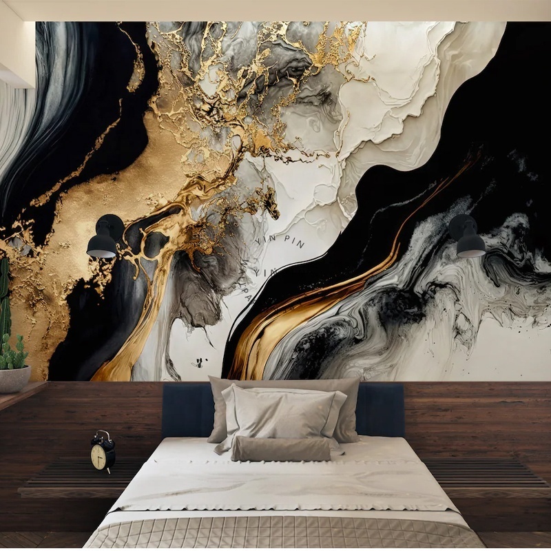 Black gold marble textured ceramic mural peel and stick wallpaper