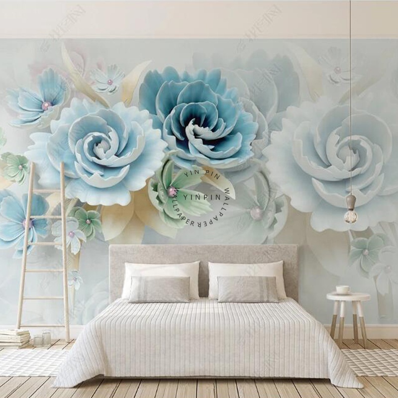 3D modern minimalist relief blue floral living room background wallpaper