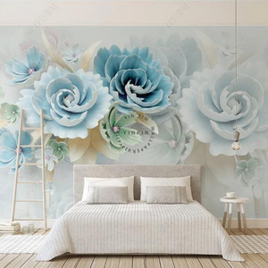 3D modern minimalist relief blue floral living room background wallpaper