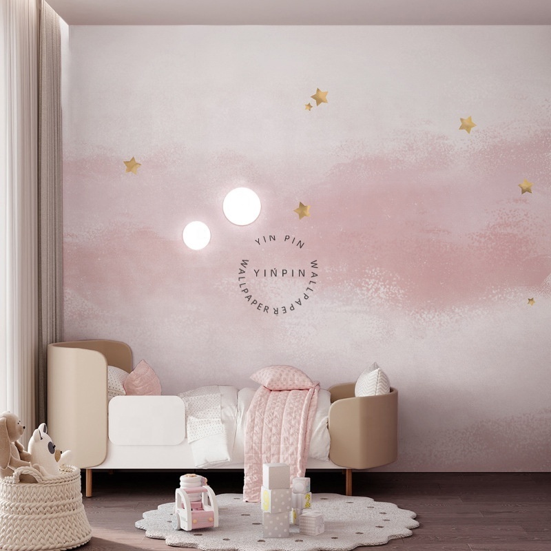 Customized self-adhesive wallpaper for pink cloud and star girl bedroom