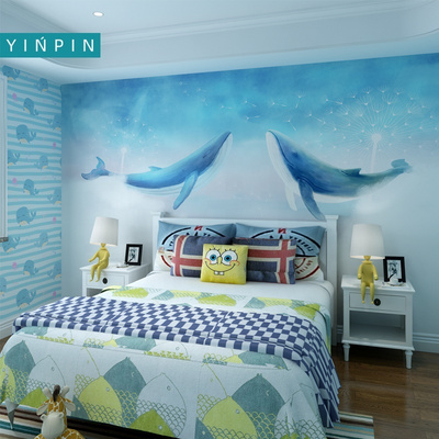 Blue Whale boy room 3d design wallpaper  kids room decor mural