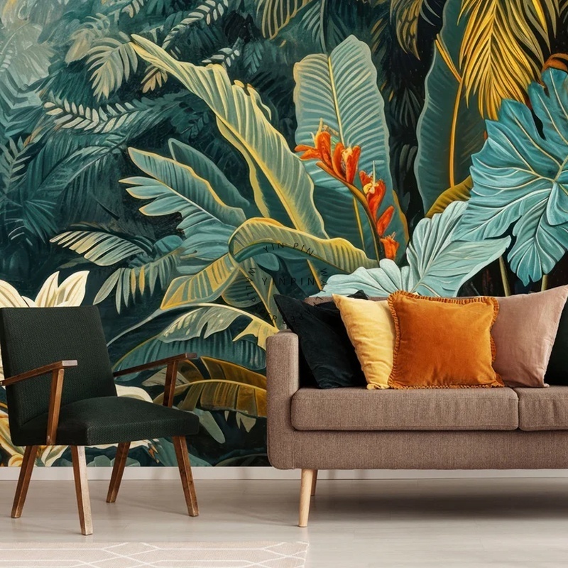 Tropical foliage jungle landscape fabric living room wallpaper