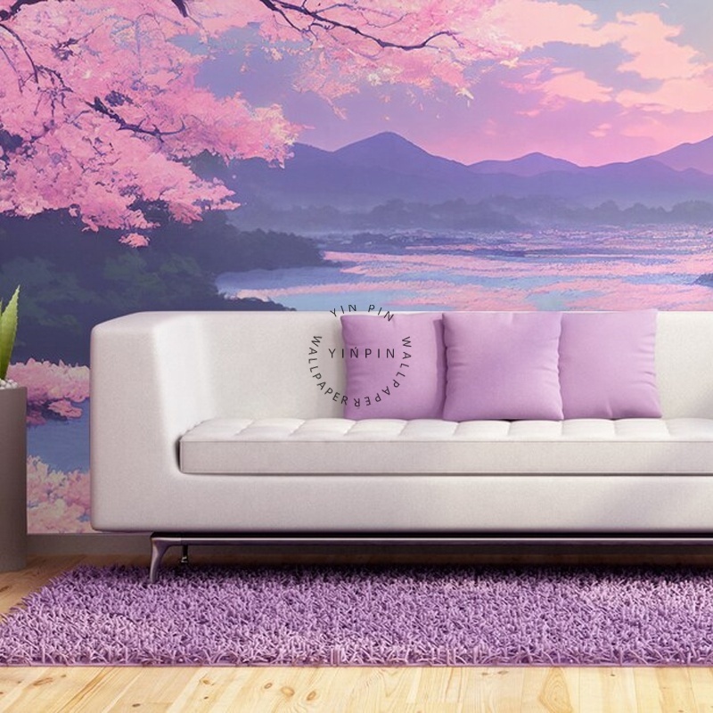 Scenery under Japanese cherry blossom trees peel and stick wallpaper