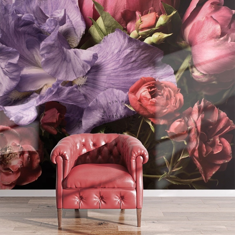 Purple iris and pink peony self-adhesive washable 3d wallpaper design