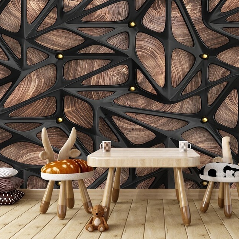 Black abstract 3D effect wall art luxury wallpaper with wood grain background wall mural