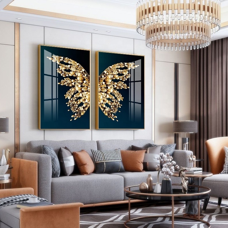 Golden butterfly diamond crystal porcelain painting custom prints wall art decor