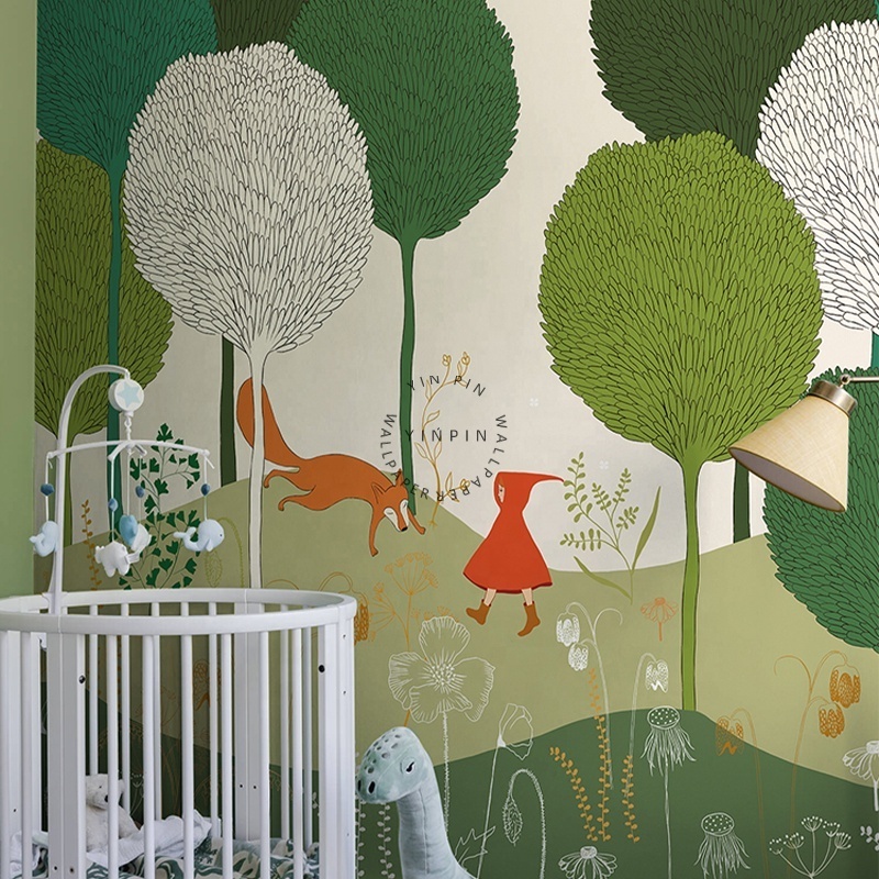 Nordic fairy tale hand drawn design with green forests wall adhesive wallpaper