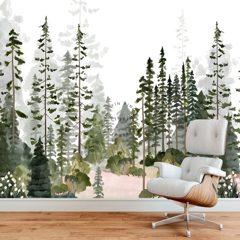 Watercolor forest landscape wallpaper living room peel and stick murals