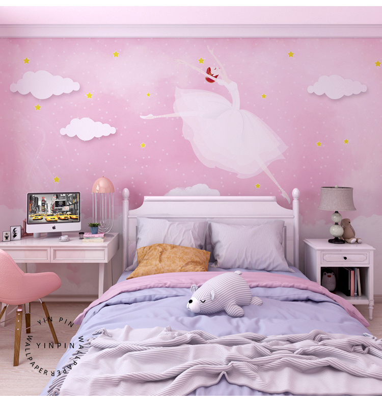 Custom Funny Pink Clouds Ballerinas Girl wallpaper mural for  kids room decor