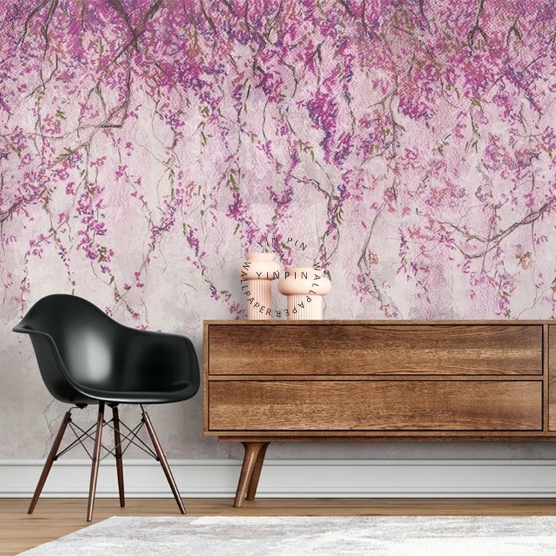 Pink cherry blossom tree custom printed wall paper 3d wallpaper