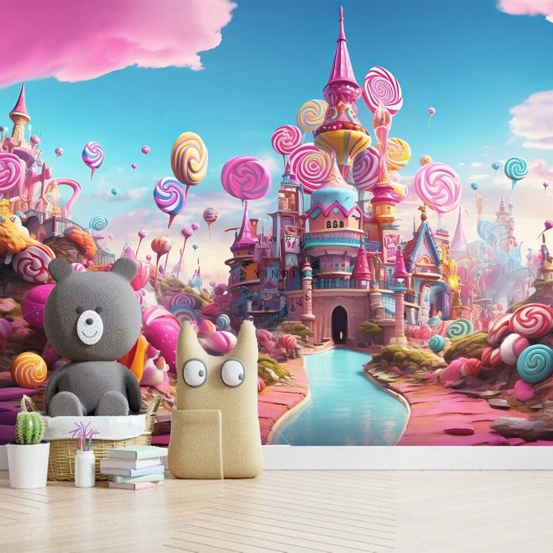 Pink fairy tale candy castle 3d peel and stick removable wallpaper