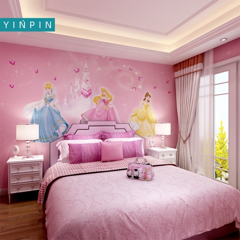 Pink cartoon princess custom wallpaper mural for kids room decor