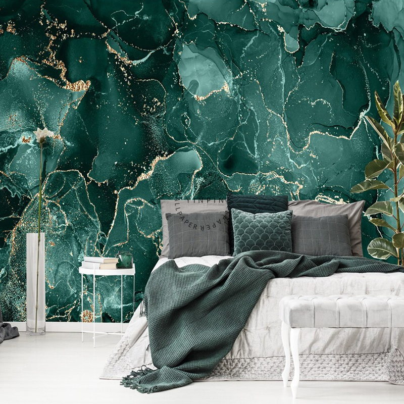 Dark blue-green abstract marble wallpaper living room green wall decoration mural