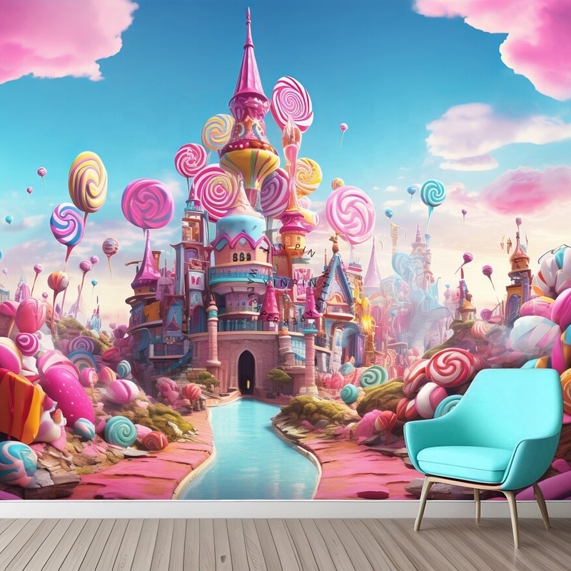 Pink fairy tale candy castle 3d peel and stick removable wallpaper