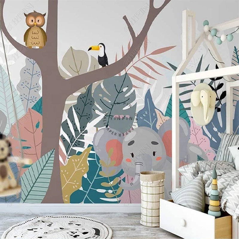 Nordic hand drawn tropical jungle cute little animal peel and stick wallpaper for children's room