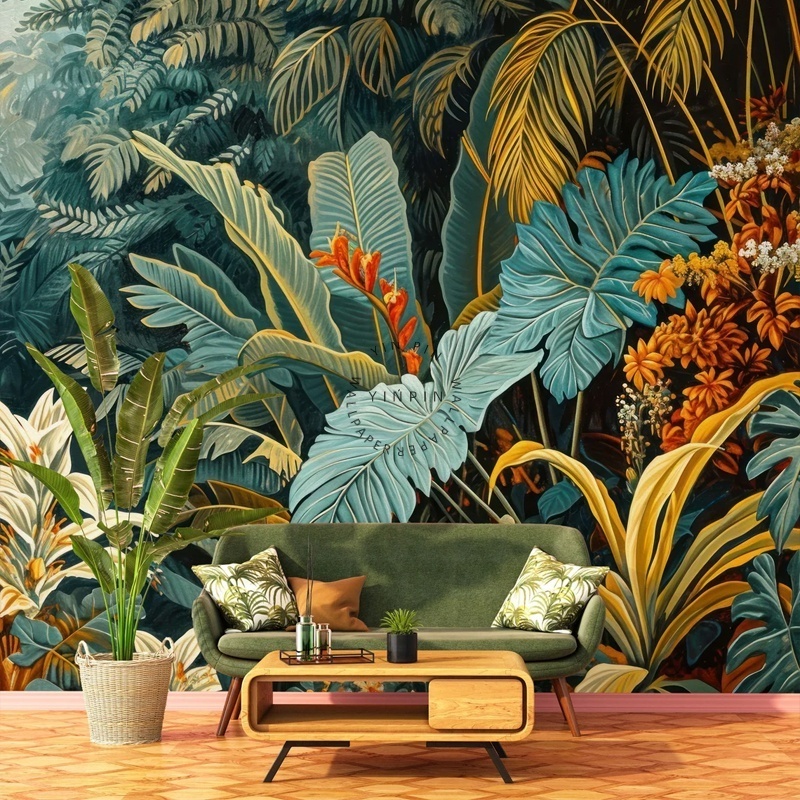 Tropical foliage jungle landscape fabric living room wallpaper