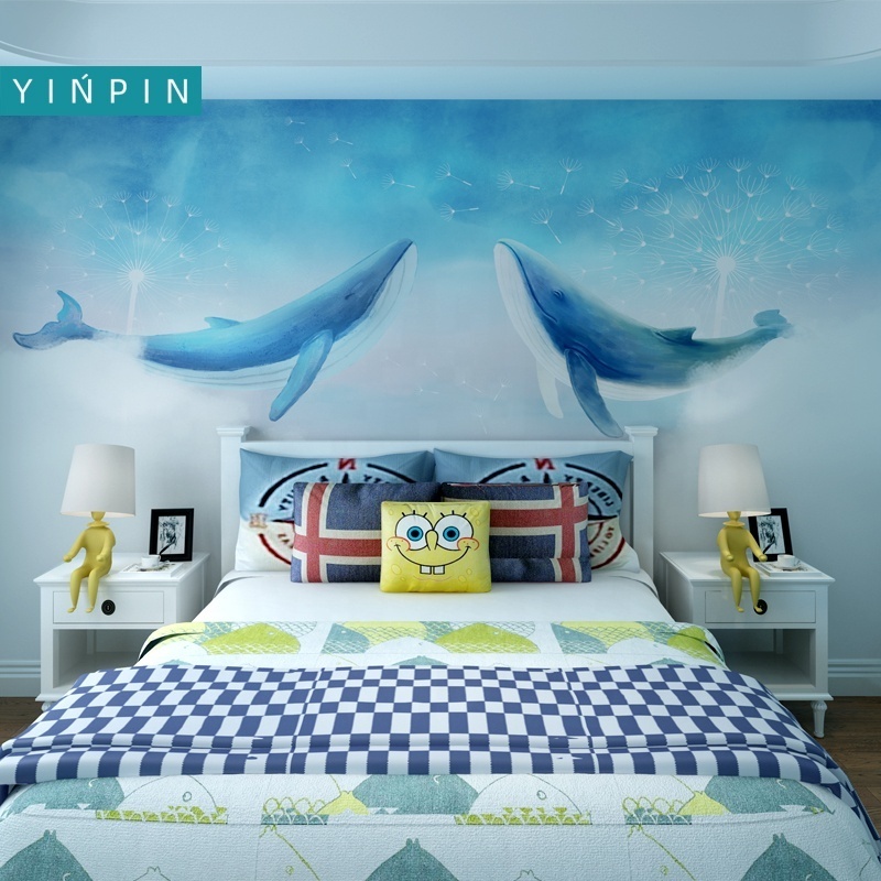 Blue Whale boy room 3d design wallpaper  kids room decor mural