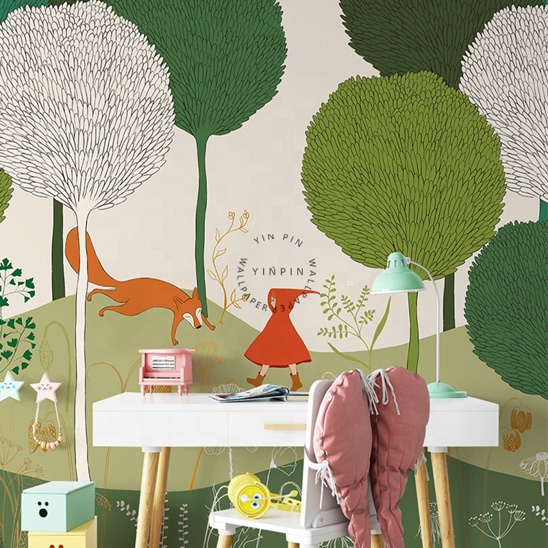 Nordic fairy tale hand drawn design with green forests wall adhesive wallpaper