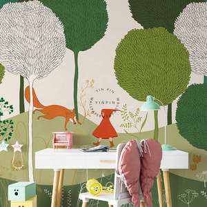 Nordic fairy tale hand drawn design with green forests wall adhesive wallpaper