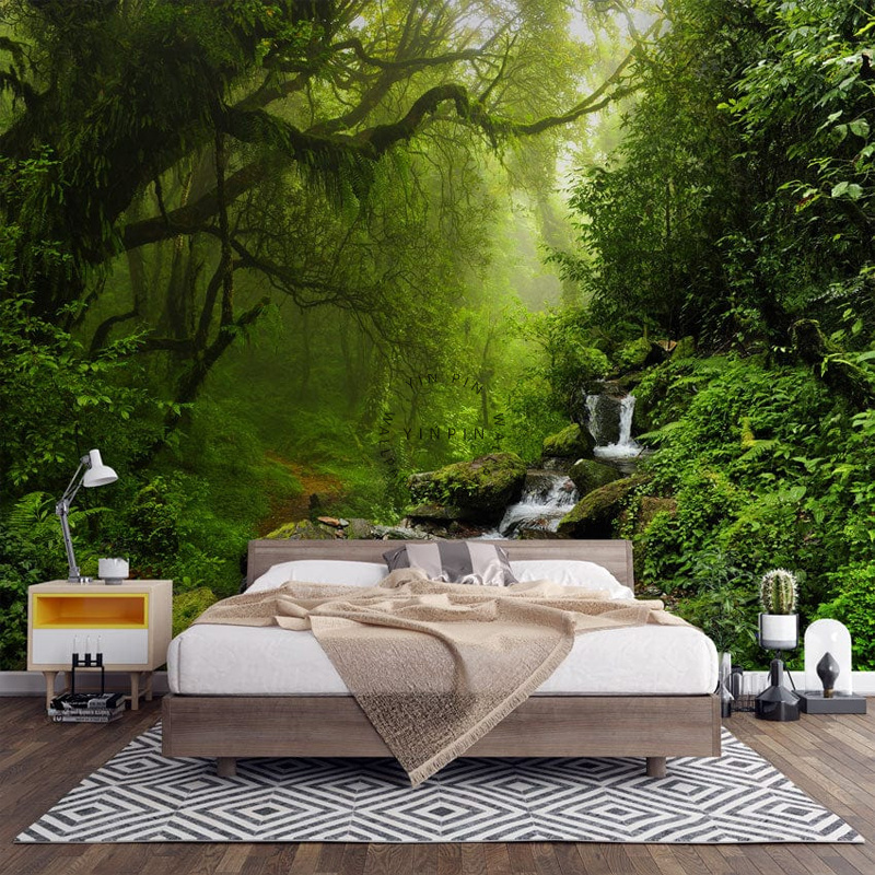 Living room forest plant wallpaper Bedroom stream scenery Background wall mural