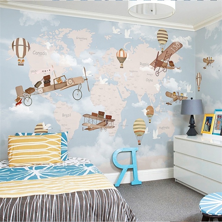 Kids wallpaper boys girls kindergarten bedroom background wallpaper cartoon plane world map wallpaper