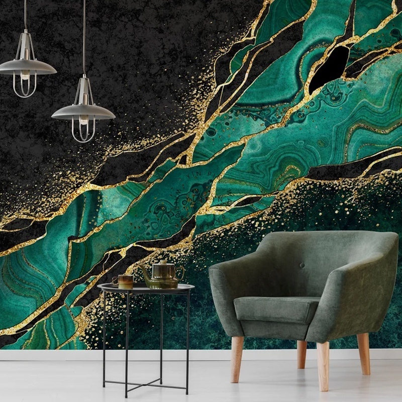 Customized abstract mural with green gold marble wallpaper