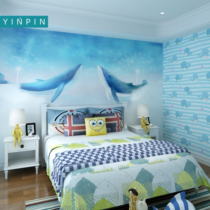 Blue Whale boy room 3d design wallpaper  kids room decor mural