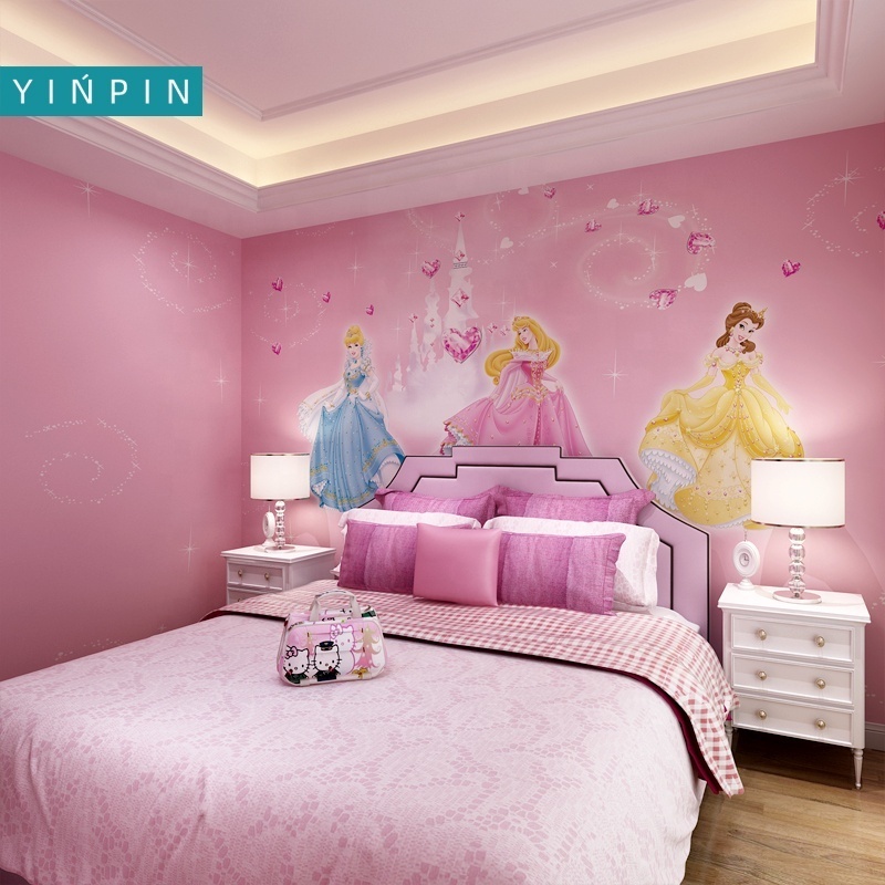 Pink cartoon princess custom wallpaper mural for kids room decor