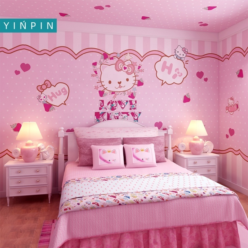 Pink hello kitty wallpaper 3d home design for kids room decor mural