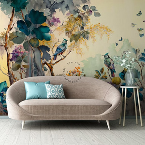 Chinese style flower and bird wallpaper wall decoration classical watercolor forest landscape background wall mural