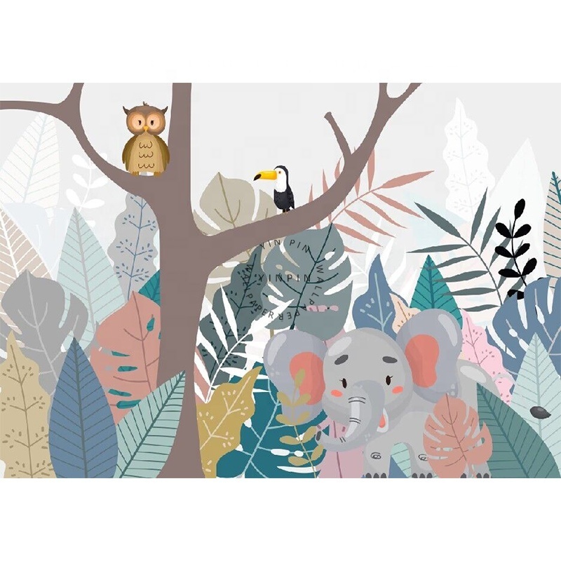 Nordic hand drawn tropical jungle cute little animal peel and stick wallpaper for children's room