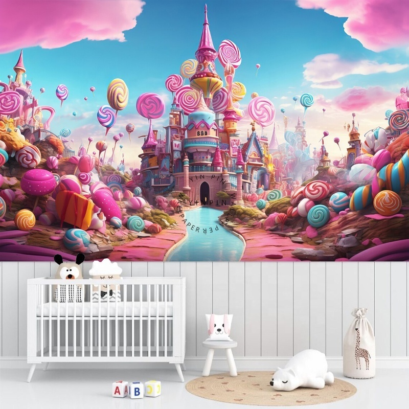 Pink fairy tale candy castle 3d peel and stick removable wallpaper