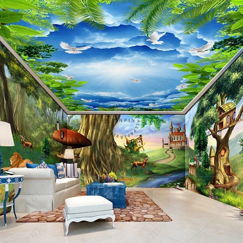 Fairy tale forests and animals adhesive wall 3d ceiling wallpaper for living room