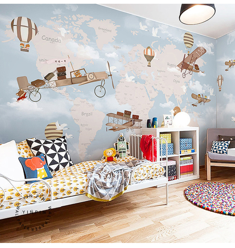 Kids wallpaper boys girls kindergarten bedroom background wallpaper cartoon plane world map wallpaper