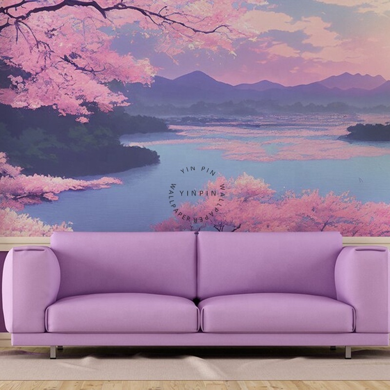 Scenery under Japanese cherry blossom trees peel and stick wallpaper