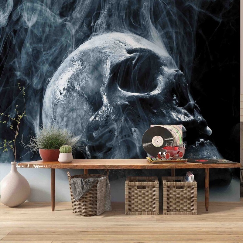 3D human skeleton skull smoke gray peel and stick wallpaper mural