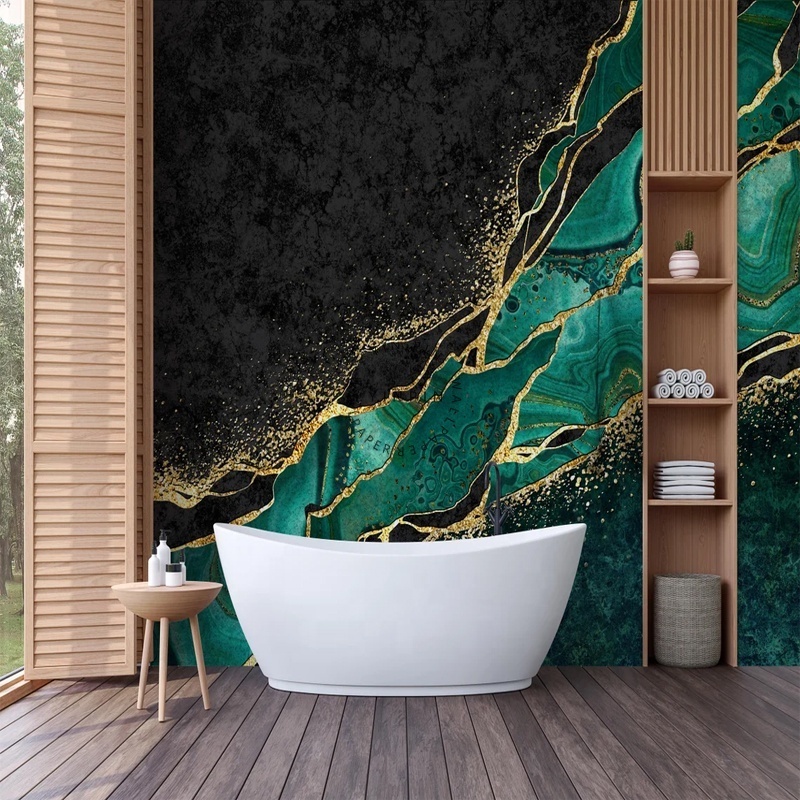 Customized abstract mural with green gold marble wallpaper