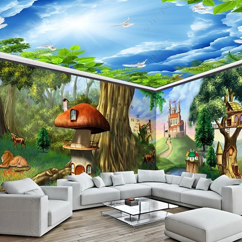 Fairy tale forests and animals adhesive wall 3d ceiling wallpaper for living room