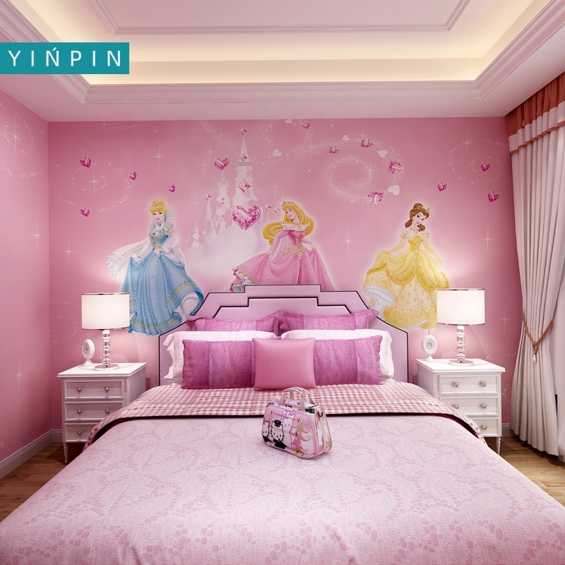 Pink cartoon princess custom wallpaper mural for kids room decor