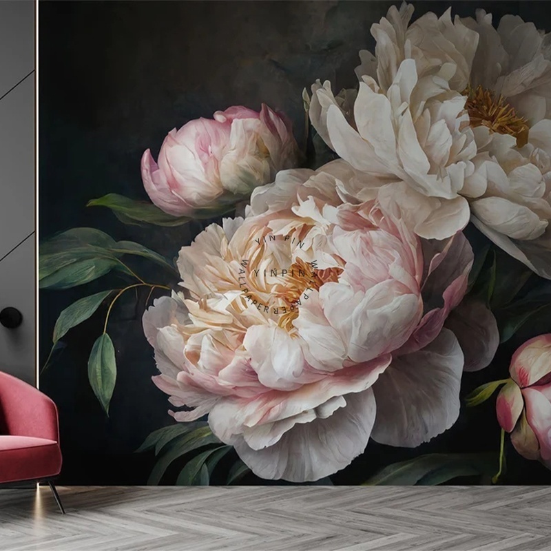 Beautiful dark peony floral wall paper peel and stick wallpaper