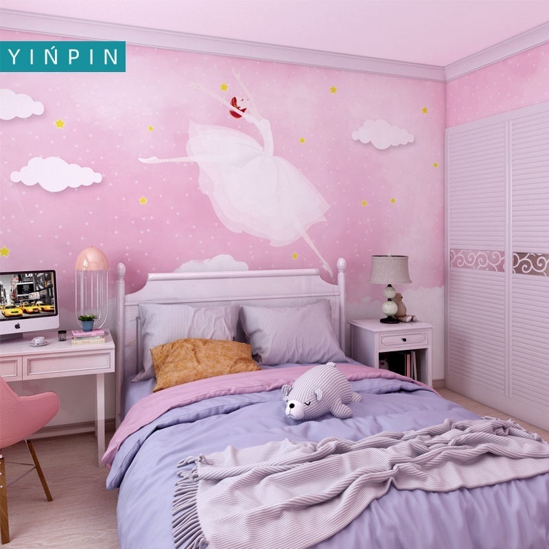 Custom Funny Pink Clouds Ballerinas Girl wallpaper mural for  kids room decor