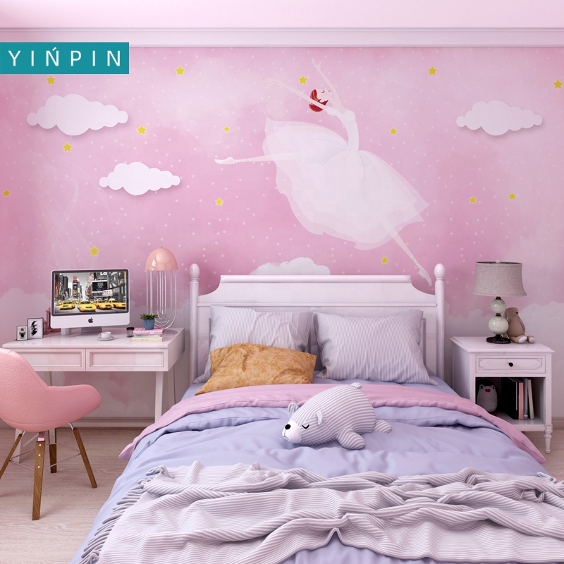 Custom Funny Pink Clouds Ballerinas Girl wallpaper mural for  kids room decor