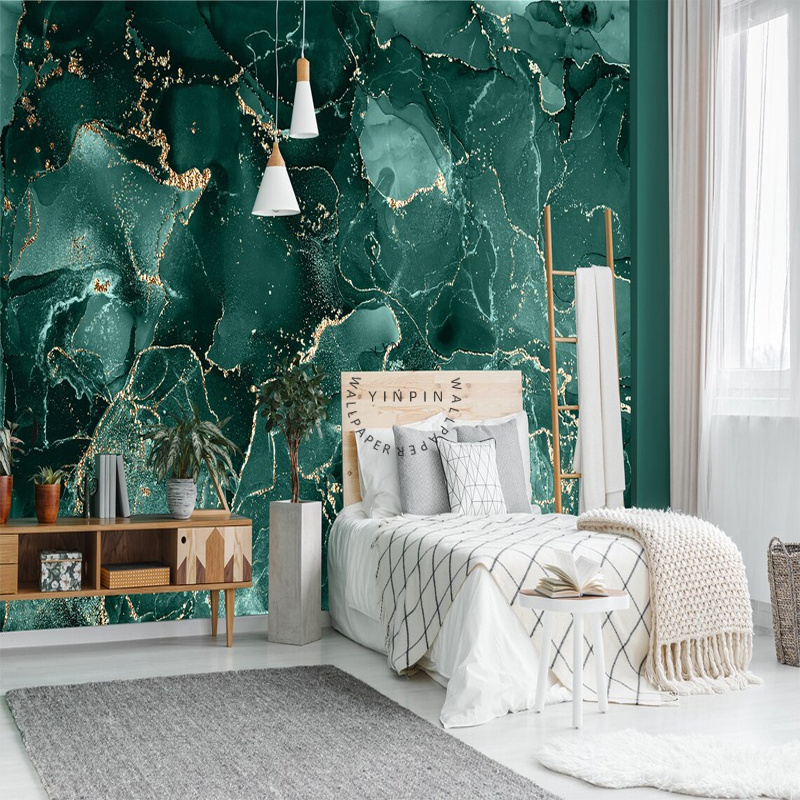 Dark blue-green abstract marble wallpaper living room green wall decoration mural