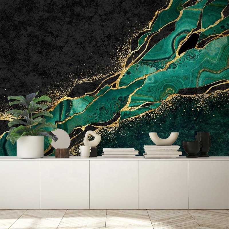 Customized abstract mural with green gold marble wallpaper