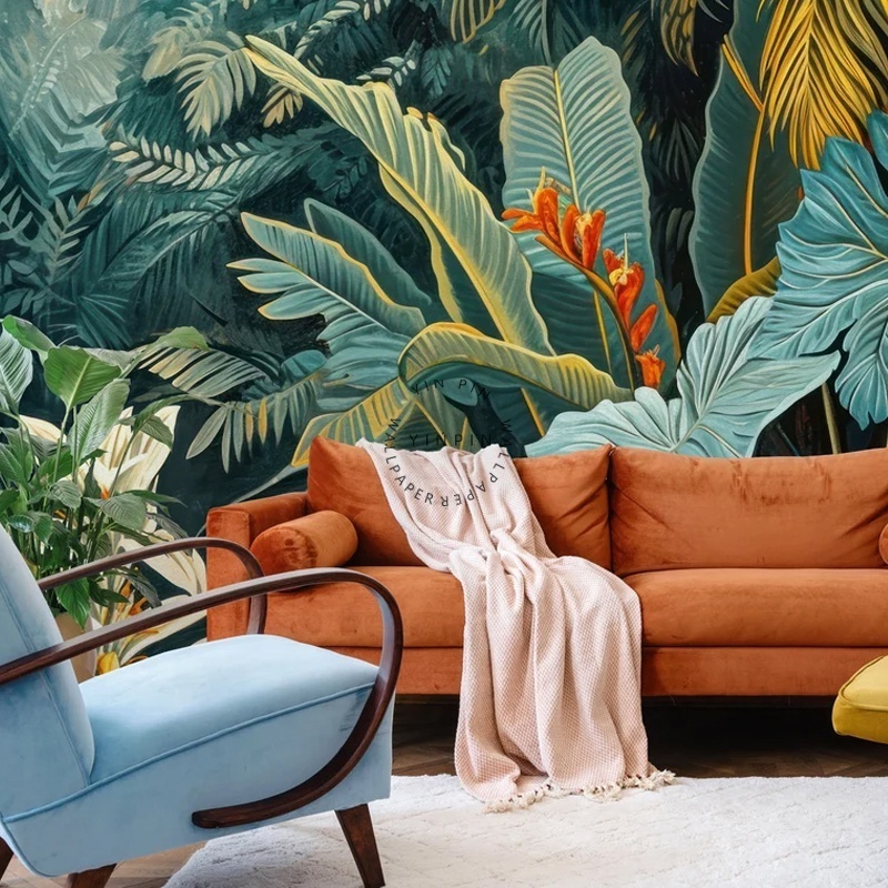 Tropical foliage jungle landscape fabric living room wallpaper