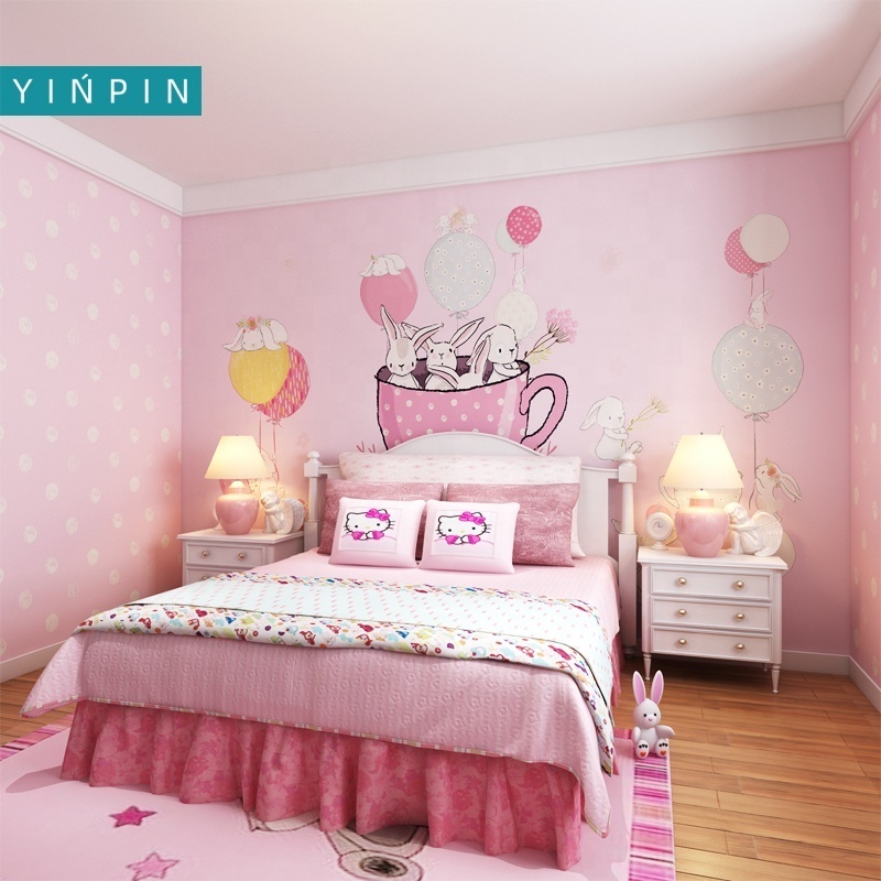 Pink cartoon rabbit hot air balloon 3d mural wallpaper for decorate kids room